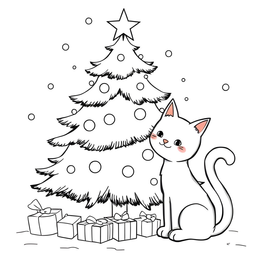 Coloriages sapin de noel et chat