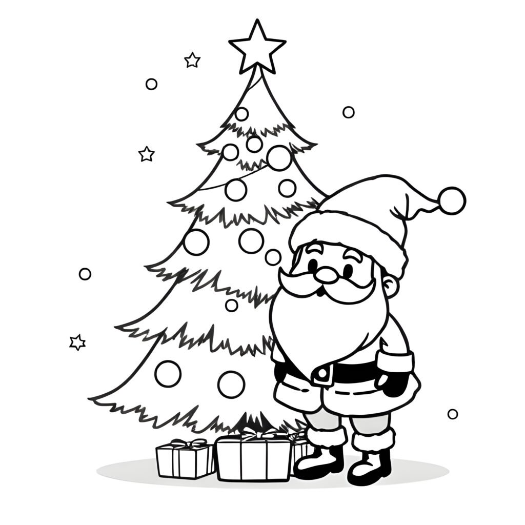 Coloriage Père Noël avec sapin de Noël