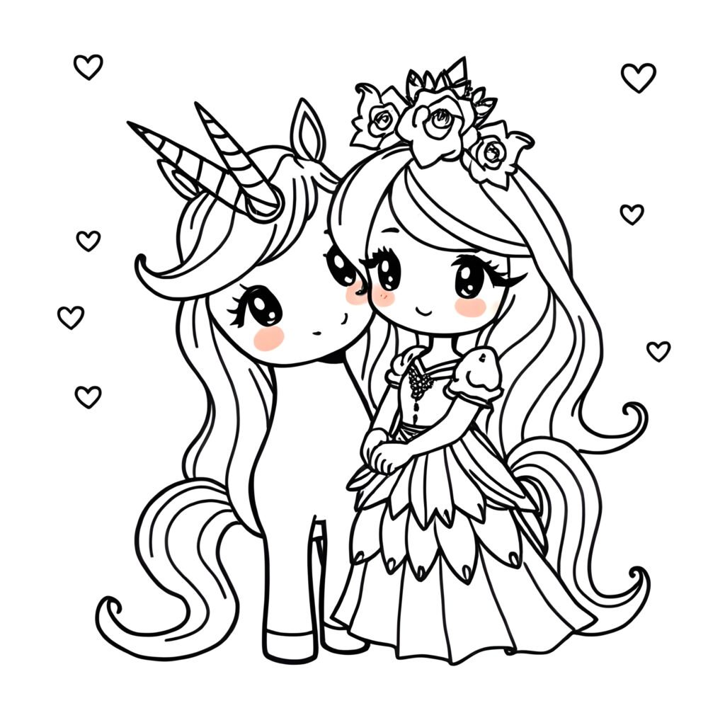 Croquis gratuit d'une licorne avec princesse