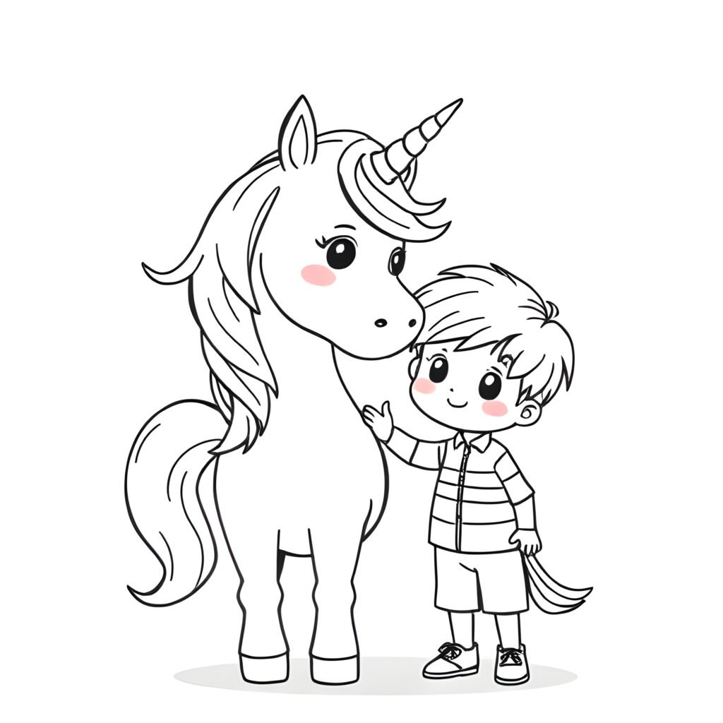 Croquis gratuit de Licorne avec Enfant à télécharger
