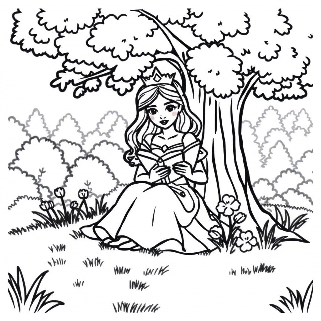 coloriage de la princesse assise sous l'arbre